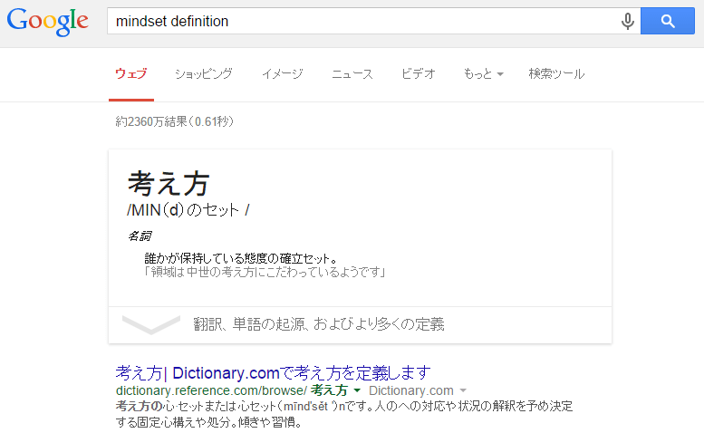 マインドセットの意味をアメリカgoolgeでmindset difinitionと検索した結果を日本語翻訳